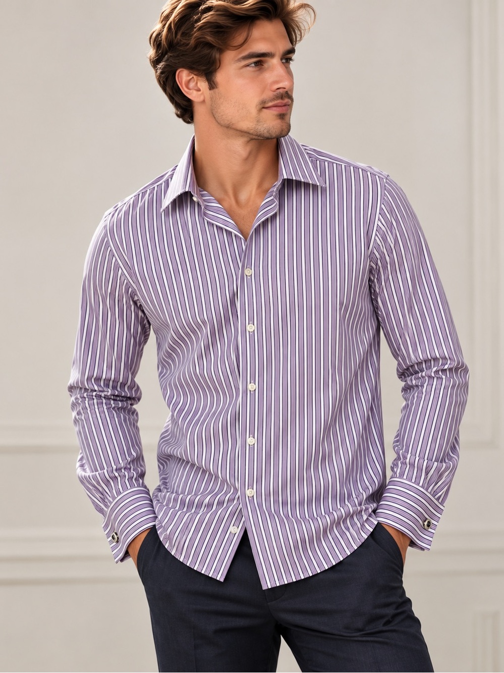 Canali Purple Striped Cotton French Cuff Dress Shirt